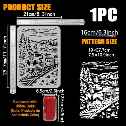 FINGERINSPIRE Train Mountain Forest Stencil 8.3x11.7inch with a Brush Steam Engine Train Stencils Rails Mountain Forest Drawing Template for DIY Painting on Walls Wood Canvas Home Decoration - style: Train Mountain Forest
