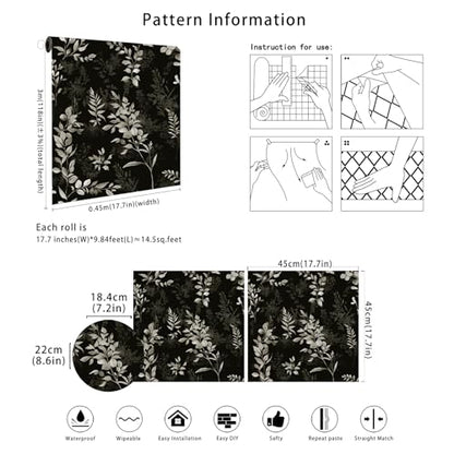 Floralplus Wallpaper Peel and Stick Dark Leaf Removable Wallpaper