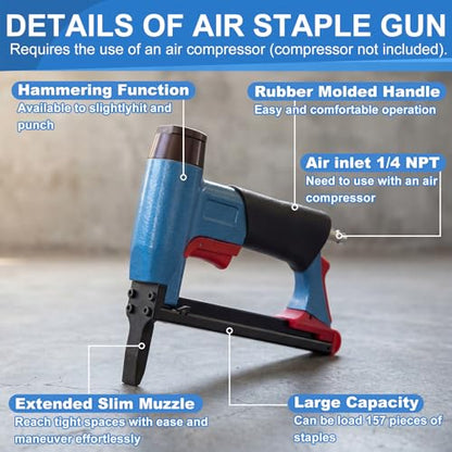 Pneumatic Upholstery Stapler, 21 Gauge Compatible with 80 Series Air Staple Gun (1/2" Crown), 1/4"-5/8" Length, 190-staple Magazine, 60-100 Psi, 1/4" Npt - style: Long Nose,21 Gauge