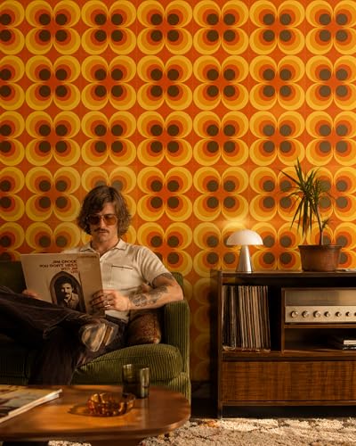壁紙屋本舗 Retro 70s Groovy Peel and Stick Wallpaper Removable Orange 9in×19.7ft - color: Orange