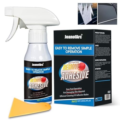 JoanofArc Adhesive Remover Spray, 120ML Fast Acting Sticker & Decal Remover, Removes Stubborn Glue, Tape Residue, Labels with Scraper Tool, for Home & Office Surfaces