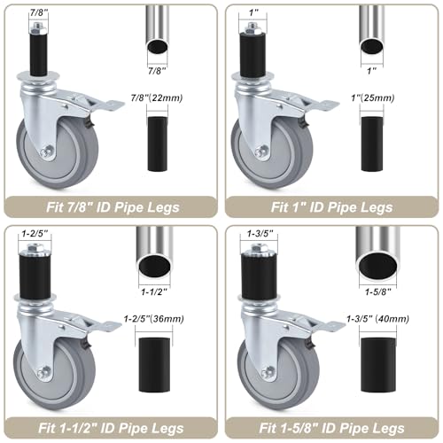 ERKOON 4 Inch Prep Table Caster Wheels Set, 4 Heavy Duty Expanding Stem Casters Fit 7/8", 1", 1-1/2", 1-5/8" Tube Leg with Brake for Stainless Steel Table, Cart, Furniture Legs, Kitchen Workbench - color: 4inch