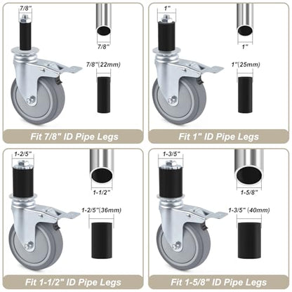 ERKOON 4 Inch Prep Table Caster Wheels Set, 4 Heavy Duty Expanding Stem Casters Fit 7/8", 1", 1-1/2", 1-5/8" Tube Leg with Brake for Stainless Steel Table, Cart, Furniture Legs, Kitchen Workbench - color: 4inch