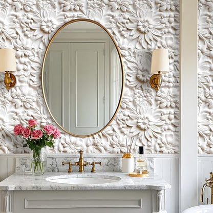 17.5x475 Off White Contact Paper Peel and Stick Floral Wallpaper White Paintable Baroque Art Deco Flower Wall Mural Wallpaper 3D Embossed Wall Paper Peel and Stick Modern for Bathroom Ceiling - size: 17.5" x 475"