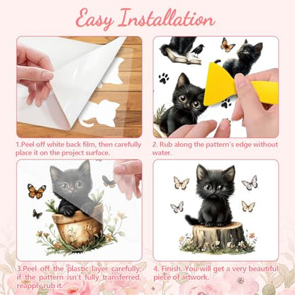 Peacoblue Black Cat Butterfly Rub On Transfers for Furniture Craft 6"x12" - style: Black Cat with Butterfly