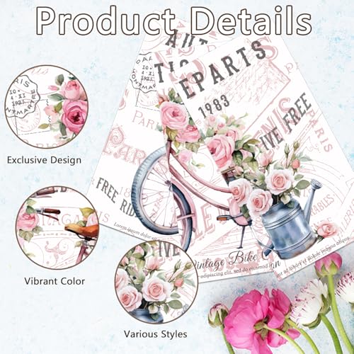 PLIGREAT 3 Sheets Flower Bicyle Rub on Transfer Stickers for Crafts Waterproof UV Pink Floral Rub on Decals for Furniture Cabinet Dressers Ceramic Scrapbooking Transfer Paper, 6"x12" - style: Flower Bicyle