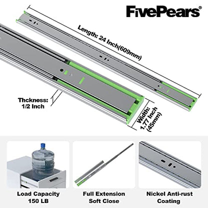 FivePears 2 Pairs 24 Inch Heavy Duty Soft Close Drawer Slides, 150 Lb Load Capacity Full Extension Ball Bearing Side Mount Drawer Runner, Rv Tool Box Kitchen Cabinet Drawer Self Closing Glide Rails - size: 24 Inch