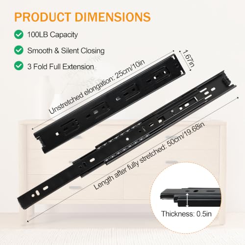 2 Pairs of 10 Inch Duty Drawer Slides,Cabinet Slides 3-Section Full Extension Ball Bearing Side Mount,for Dresser, Cabinet, Kitchen 100 LB Capacity