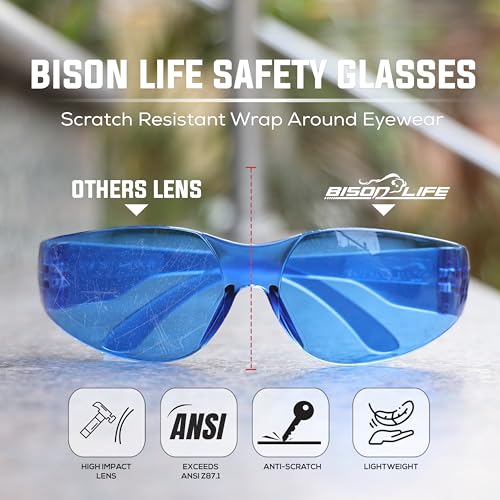 BISON LIFE Blue Safety Glasses for Men & Women, ANSI Z87.1, 6 Pack - color: Blue/Blue