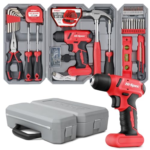 Hi-Spec 8V USB Cordless Drill Driver Home Tool Kit for Home DIY, Red - color: Red, size: 58-Piece