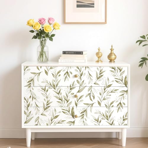 Livebor Peel and Stick Wallpaper Olive Leaf Contact Paper 17.7inch x 118.1inch Floral Leaf Wallpape Peel and Stick Self Adhesive Removable Contact Paper for Bathroom Cabnits Modern Decorative Vinyl - size: 17.7" x 118.1"