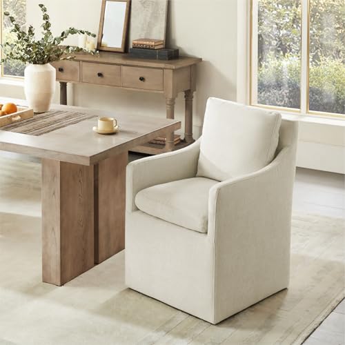 KISLOT Upholstered Dining Chairs with Casters, No Assembly Modern Accent Armchair with Rollers for Dining Room, Bedroom, Living Room, Reading Room, Already Assembled, Beige, 2 Box - color: Beige, size: Set of 2 (2 BOX)