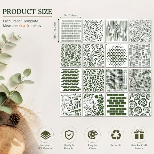 16 PCS Stencils for Crafts Reusable, 6 in* 6 in Wood Grain Pattern Template