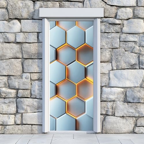 arricraft 2 Sheets Geometric Self-Adhesive Door Sticker, 31.5x78.7inch 3D Hexagon Pattern Door Murals Stickers PVC Removable Wallpaper Decoration for Bedrooms Living Room - style: Hexagon