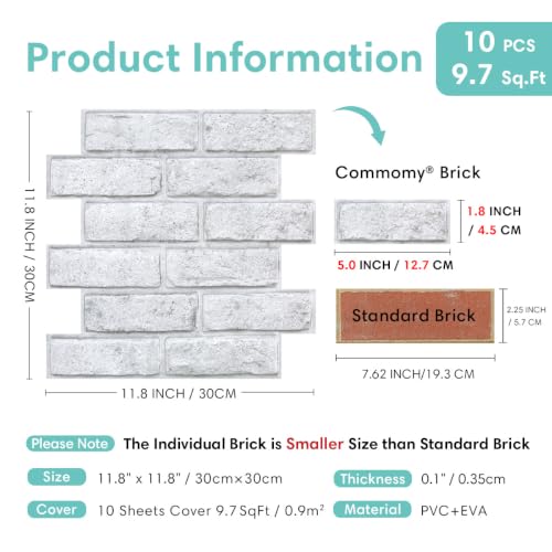 Commomy 3D Faux Brick Wall Panels Grey Spots White 11.8" x 11.8" - color: Brick-Grey Spots White