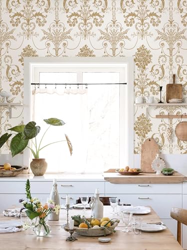 Damask Floral Peel and Stick Wallpaper Removable Gold Flowers Contact Paper - color: Gold, size: 17.3" x 197"