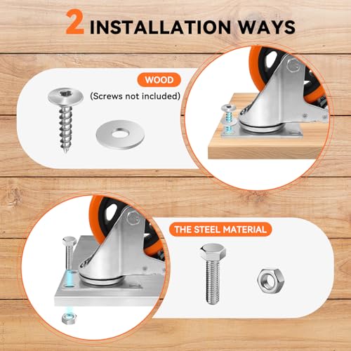 W B D WEIBIDA 4 Inch Swivel Casters with Brake Set of 4 Heavy Duty of 1200 lbs, Safety Dual Locking Plate Castors, No Noise Wheels for Furniture, Workbench and Carts(Nuts & Bolts & 2 Spanners) - size: 4 INCH