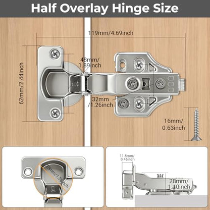 4 Pack 35mm Soft Close Half Overlay Cabinet Hinges, 3D Hydraulic - size: Half Overlay