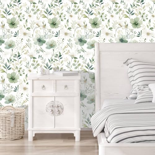 Sage Green Floral Peel and Stick Wallpaper 17.7" x 118" - color: Sage Green & White, size: 17.7" x 118"
