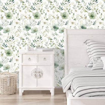 Sage Green Floral Peel and Stick Wallpaper 17.7" x 118" - color: Sage Green & White, size: 17.7" x 118"