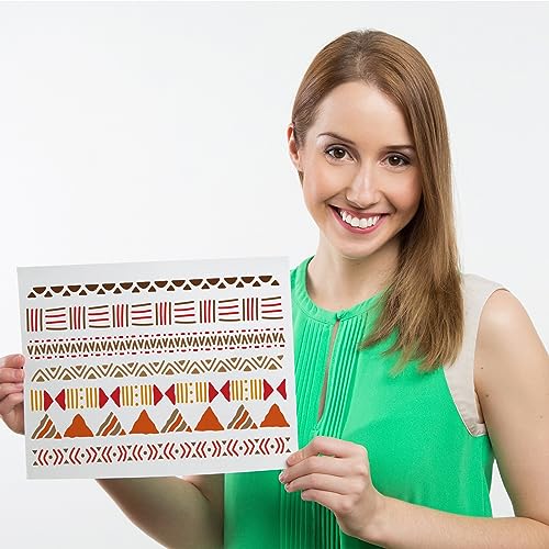 FINGERINSPIRE Mudcloth Elements Pattern Stencil 8.3x11.7inch Tribal Borders Drawing Template African Boho Floral Frame Stencils for Painting on Wood Wall Fabric Paper Furniture