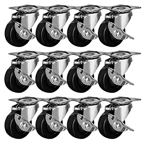 FactorDuty 12 Pack 2" Swivel Caster With Brake Wheels Hard Rubber Base w/Top Plate & Bearing (2" w/brake, 12 pcs) - size: 2" w/ brake, 12 pcs