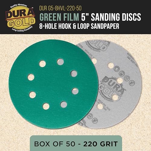 Dura-Gold 5" Green Film Sanding Discs, 220 Grit, 8-Hole, Box of 50, H & L - style: 220 Grit
