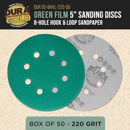 Dura-Gold 5" Green Film Sanding Discs, 220 Grit, 8-Hole, Box of 50, H & L - style: 220 Grit