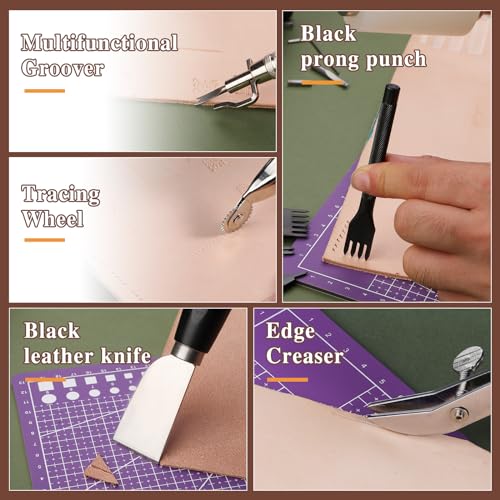 BUTUZE Leather Kit, Leather Tooling Kit for Beginners, Leathercraft Tools with Stamping Tools, Beveler, Groover, Stitching Punch Sewing Thread and Needles - Roll Bag and Manual