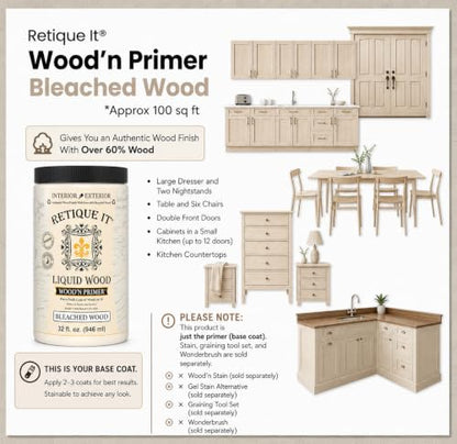 Retique It Wood'n Primer - Paint it then stain it - Stainable Wood Fiber Paint (Bleached Wood, Large) - color: Bleached Wood, size: 32 Fl Oz (Pack of 1)