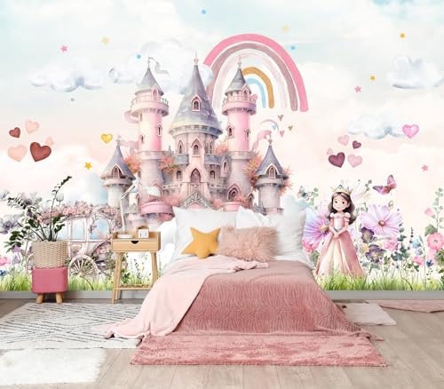 Peel and Stick Princess Wallpaper Pink Cartoon Castle wall Mural - color: M04, size: 137"x96"