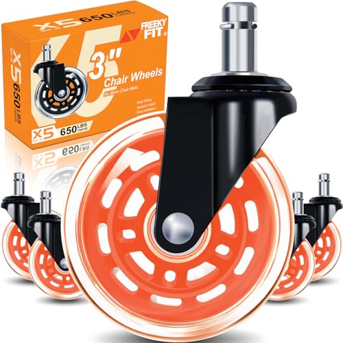 Office Chair Wheels for Casters Replacement - 3" Rubber Wheels for Computer Gaming Desk Caster Smooth & Safe Rolling for All Floors Including Hardwood and Carpet - Set of 5 - Orange - color: Orange