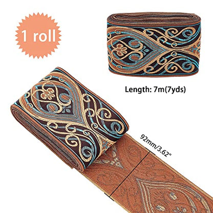 PH PandaHall 3.6Inch Wide Jacquard Ribbon, 7 Yard Single Face Embroideried Lace Trim Woven Ribbon Fabric Trim Fringe for Sewing Crafting Home Decor Wedding, Gift Wrapping, Bag Straps Embellishment