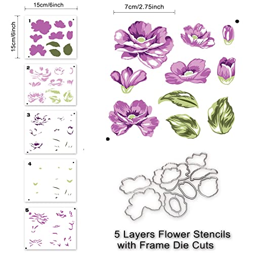 Alinacutle 5pc Peony Flower Layering Stencils & 1set Frame Dies Set Plastic Stencil with Frames Metal Cutting Die Cut for DIY Art Craft Paper Craft Scrapbooking Handmade Card Making Art Cuts - color: Layered Flowers