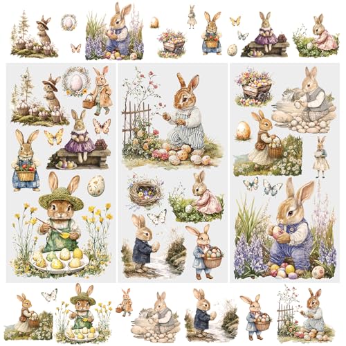 WANDIC 3 Sheets Transfers Stickers for Furniture,Rub on Transfers Decals Easter Vintage Rabbit Egg Flowers DIY Decor Stickers for Scrapbook Home Window,15x30cm - color: Easter Retro Color Rabbit