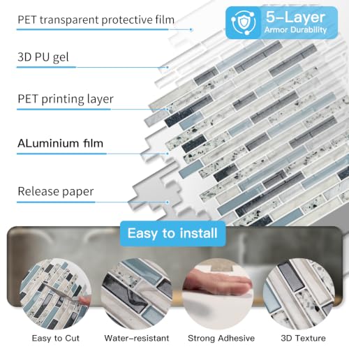 Art3d Linear Subway Design Tile Peel and Stick Backsplash, 20-Sheet, Blue - color: Blue