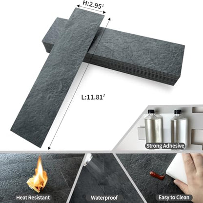 AULIGET 4-Piece Black Peel and Stick Backsplash Wall Tiles, 3" x 12" PVC Faux Slate Stick on Tiles - color: Black Slate, size: 4 Pieces, 3"x12"x0.12"