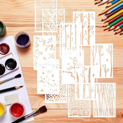 Keluna Tree Texture Stencils Painting, 12 Pcs Tree Branches Stencils for Painting on Wood Wall, Mixed Designs Tree Branch Bird Stencils for Painting on Rock Canvas Wood Wall Floor Home Decor - style: tree