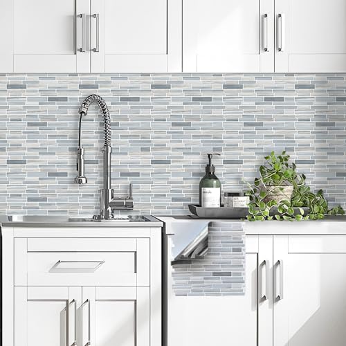 Tilingview 10PCS Peel and Stick Tile for Kitchen Backsplash, Strips Design Self-Adhesive Vinyl Tile, Plastic Wall Sticker (Blue Gray) - color: Narrow Blue Gray, size: 10"x10"x0.02"