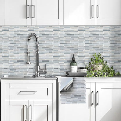 Tilingview 10PCS Peel and Stick Tile for Kitchen Backsplash, Strips Design Self-Adhesive Vinyl Tile, Plastic Wall Sticker (Blue Gray) - color: Narrow Blue Gray, size: 10"x10"x0.02"