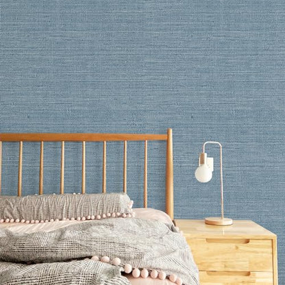 JiffDiff Grasscloth Wallpaper Peel and Stick Blue Grassweave Stick on Wallpaper Textured Self Adhesive Wall Paper Contact Paper 17.3"x472" - color: Dark Blue, size: 17.3" x 472"