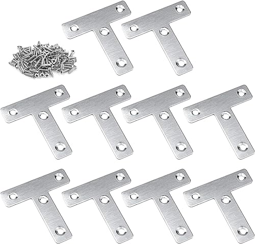 10Pcs T Shape Flat Mending Plates 60mmx60mm (2.36" x 2.36") T Corner Braces T Bracket Connector Fixing Repair Plates for Furniture with 40Pcs Screws , Silver (60x60mm(2.36"x2.36")) - size: 60x60mm(2.36"x2.36")