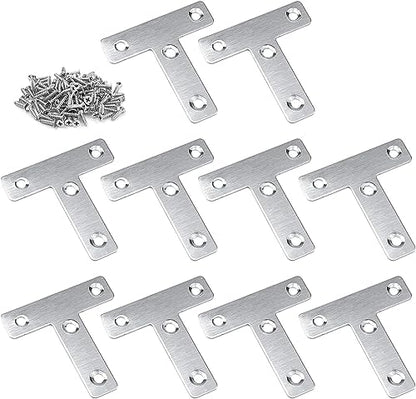 10Pcs T Shape Flat Mending Plates 60mmx60mm (2.36" x 2.36") T Corner Braces T Bracket Connector Fixing Repair Plates for Furniture with 40Pcs Screws , Silver (60x60mm(2.36"x2.36")) - size: 60x60mm(2.36"x2.36")