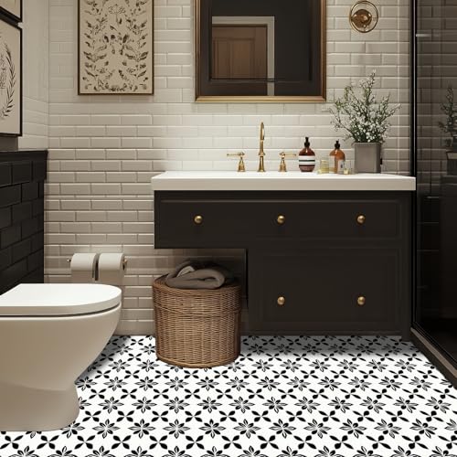 HOMETITUTE Modern Black White Petal Peel Stick Floor 12x12 Vinyl - color: Black#7