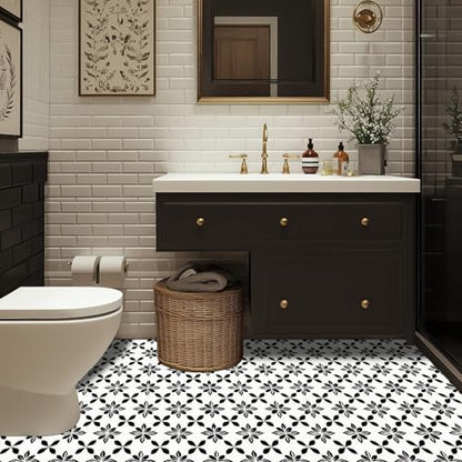 HOMETITUTE Modern Black White Petal Peel Stick Floor 12x12 Vinyl - color: Black#7