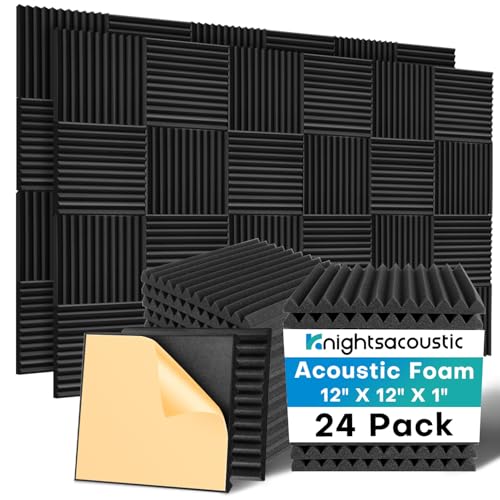 Knightsacoustic 24 Pack Sound Proof Foam Panels for Walls with Self Adhesive, 12x12x1 Acoustic Foam Panels, High Density Acoustic Panels Sound Absorbing, Fire Resistant Studio Sound Proofing Black - size: 24P Black with Adhesive