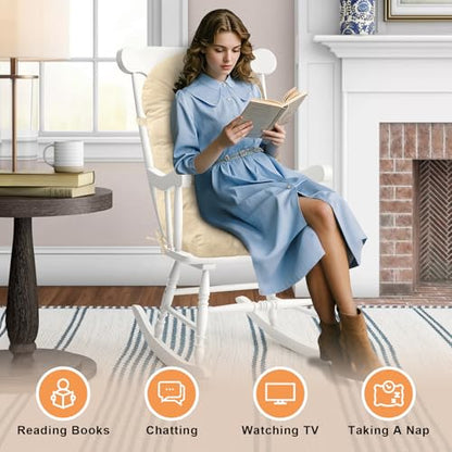 Rocking Chair Cushion - Chenille Fabric, High-Density Sponge, Durable Comfort Non-Slip Bottom Tufted Seat Pads with Ties, Chenille︱Ivory, 44x19x4 inch - color: Ivory