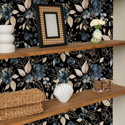 Black Gold Floral Peel and Stick Wallpaper 17.7"x118" - color: Black/Gold/Navy Blue/Beige, size: 17.7" x 118"