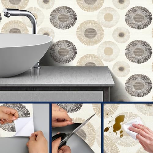HOMETITUTE Neutral Circle Peel and Stick Wallpaper 118.1x17.7 Inch Vinyl - color: Beige Geometric Circle