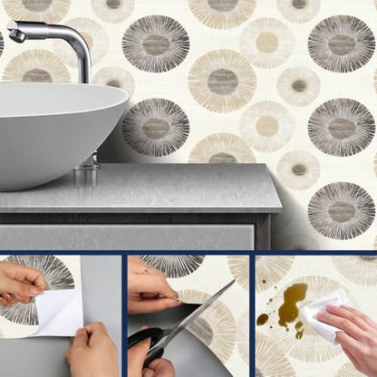 HOMETITUTE Neutral Circle Peel and Stick Wallpaper 118.1x17.7 Inch Vinyl - color: Beige Geometric Circle